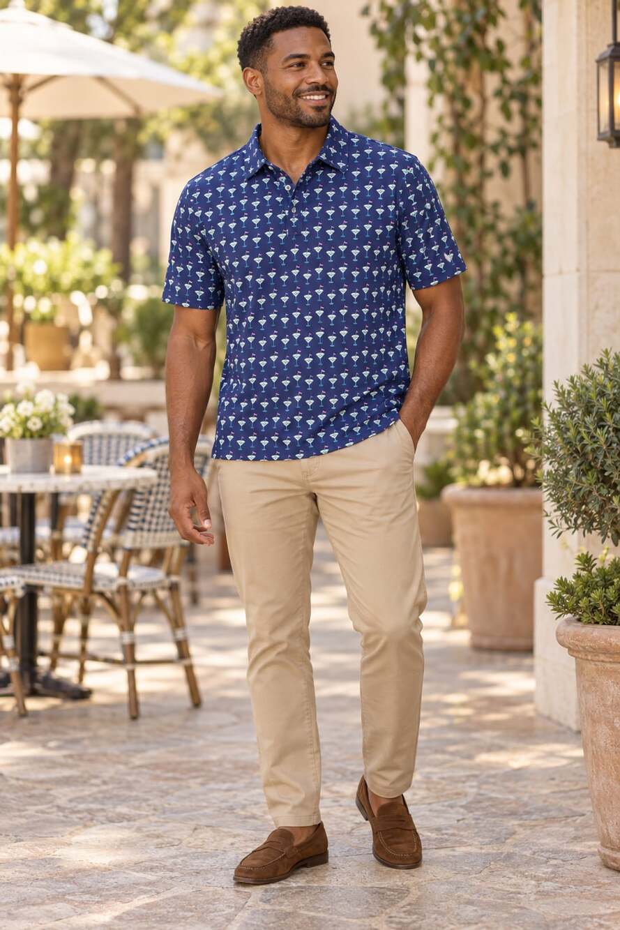 Birdie Bound Golf Polo Size M Blue Martini Print